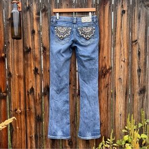 Miss Me Y2K Medium Wash Embellished Pocket Signature Mid Rise Bootcut Jeans 28